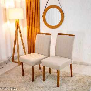 2 Cadeiras Isabela Linho Bege 01 Madeira Maciça KM Decor - Entregue Montada