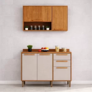 Balcão de Cozinha 1,20m Flórida Cinamomo/Off + Aéreo Ripado 1,20m Flórida Cinamomo/Off com Porta Basculante - Sallêto