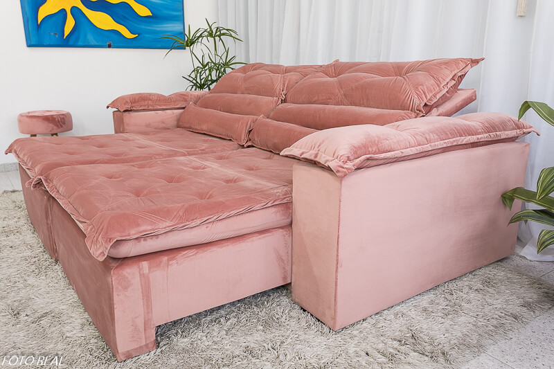 Sofá Retrátil Reclinável Dubai Luxo 2.30m Veludo Rosa