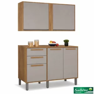 Balcão Flórida cinamomo/Off 3 Portas 2 Gavetas + Aéreo Cozinha Pérola Cinamomo/Off 2 Portas Larg. 1.20m - Sallêto