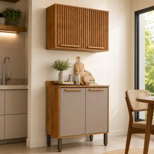 Balcão de Cozinha 0,80m Flórida Cinamomo/Off + Aéreo Ripado 0,80m Flórida Cinamomo - Sallêto