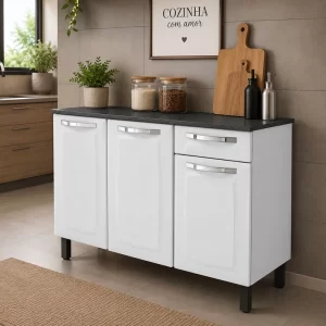 Balcão de Cozinha Rose Larg. 1.05m Branco 3 Portas 1 Gaveta em Aço - Itatiaia