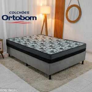 Box Casal Sued Cinza Nosso Sonho + Colchão Casal Ortopédico EPS Iso Dupla Face D-33 138x188x57 - Ortobom | Suporta até 260kg