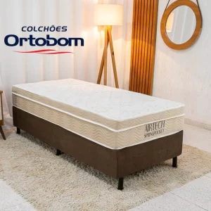 Box Solt. Sued Marrom Nosso Sonho + Colchão Solt. Airtech Springpocket 88x188x62 Molas Ensacadas - Ortobom