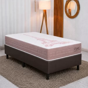 Colchão Solteiro Eiffel Molas Ensacadas Rosa - Anjos + Box Solteiro Korino Marrom - Ortobel 88x188x63 | Suporta até 130kg
