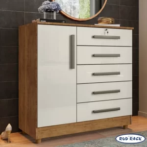 Cômoda Vitória com 5 Gavetas e 1 Porta Mel/Off White Rud Rack