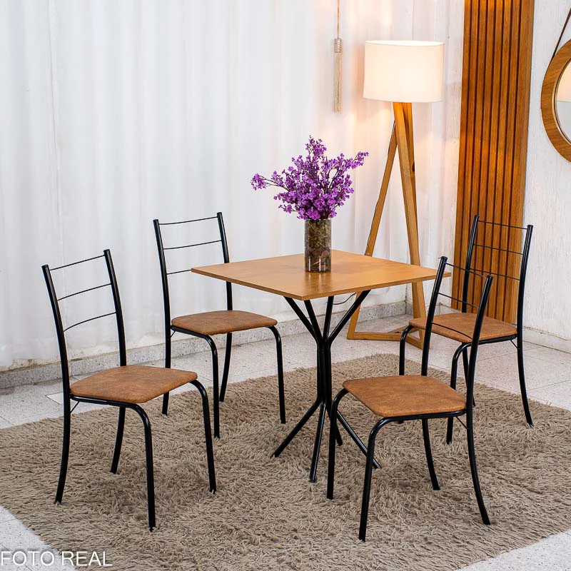 Conjunto Mesa Belize Quadrada 68x68 Naturale Base Órion Preto Fosco + 4 Cadeiras Belize Korino Marrom - Tubo Minas