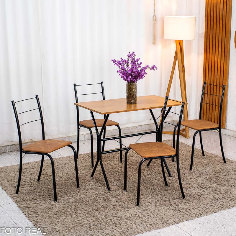 Conjunto Mesa Belize Retangular 90x58 Naturale Base Nexus Preto Fosco + 4 Cadeiras Belize Korino Marrom - Tubo Minas