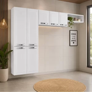 Cozinha Rose Branco 3 Peças Larg. 2.45m Paneleiro + Aéreo + Nicho em Aço - Itatiaia