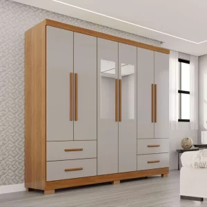 Guarda-roupa Texas Premium Cinamomo/Off C/Espelho e Pés 6 Portas 4 gavetas Larg. 1.80m - Sallêto