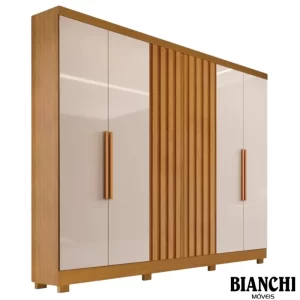 Roupeiro Cabo Frio 6 Portas e Detalhe Ripado 100% MDF Nature/Off Larg. 1.80m - Bianchi