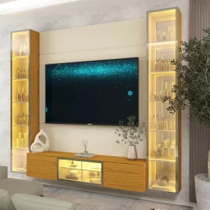 Home Luminare Reflect Larg. 2.30m Off White/Naturale C/LED e Espelho TV de até 70" - Gelius