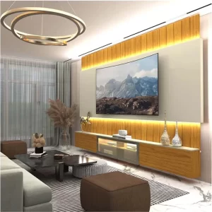 Home Suspenso Soberano Larg. 2.60m Nature/Off Reflecta C/ Led Ripado 100% MDF para TV até 85" - Gelius