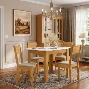 Mesa de Jantar Bellagio 108x68 Freijó UV/Tampo Off White + 4 Cad. Milano Freijó UV/Savana - Poliman