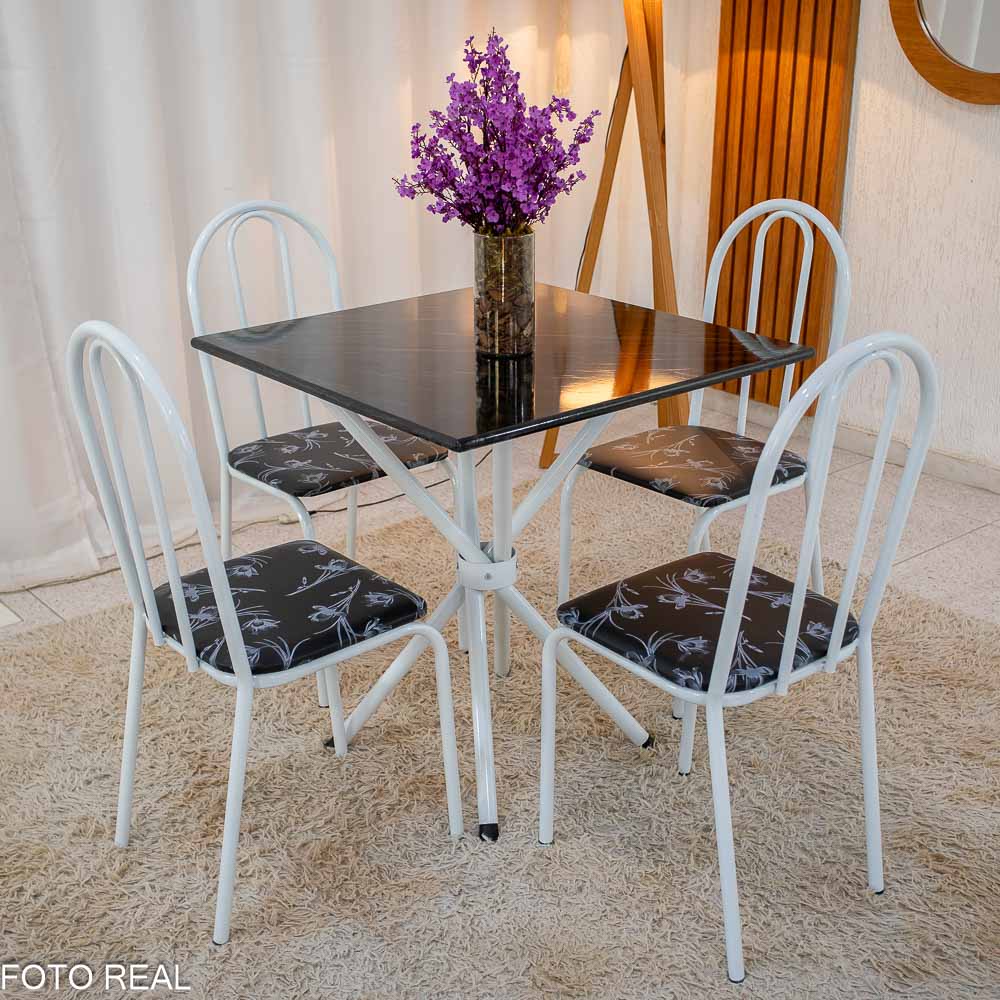 Mesa de Cozinha Base Ipanema Branco Tampo Pedra Pedro 75x75 4 Cadeiras Ubatuba Assento Preto - Teixeira