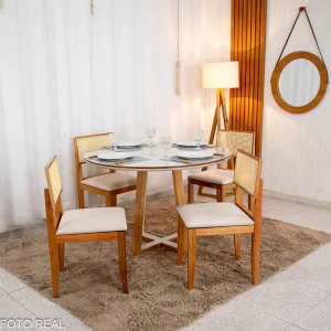 Mesa de Jantar Atlanta Redonda 120cm Vidro Off/Base Madeira + 4 Cad. Santorini Linho Bege Madeira Minas Plac - Entregue Montada
