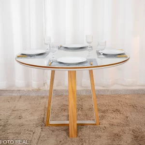 Mesa de Jantar Atlanta Redonda 120cm Vidro Off/Base Madeira - Minas Plac