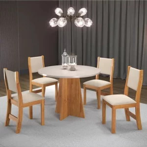 Mesa de Jantar Flipp Redonda 90cm Off White 4 Cad. Sol Assento Veludo Bronze - Viero