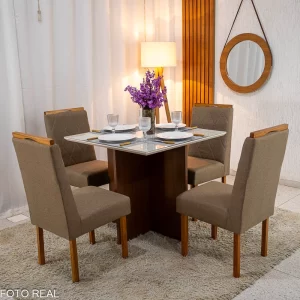 Mesa de Jantar Helo 90×90 Tampo MDF Vidro Off 4 Cad. Diamante Linho Capuccino 29033 Madeira Maciça - Entregue Montada