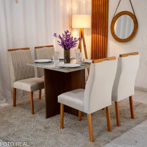 Mesa de Jantar Helo 120×90 Vidro Off/Base Mel Poliman + 4 Cad. Genova Veludo Bege 512 Madeira - Art Assento