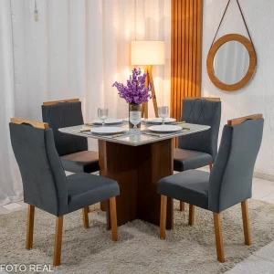 Mesa de Jantar Helo 90×90 Tampo MDF Vidro Off 4 Cad. Lisboa Veludo Cinza 507 Madeira Maciça - Entregue Montada