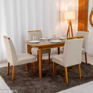 Mesa de Jantar Londrina 120x80 Cinamomo Rufato + 4 Cad. Isabela Linho Bege 01 Madeira - Art Assento