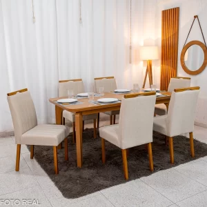 Mesa de Jantar Londrina 180x90 Cinamomo Rufato + 6 Cad. Isabela Linho Bege 01 Madeira - Art Assento