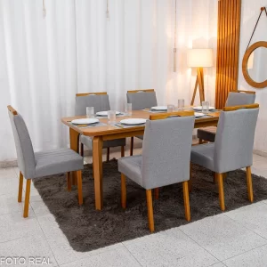 Mesa de Jantar Londrina 180x90 Cinamomo Rufato + 6 Cad. Isabela Linho Cinza 05 Madeira - Art Assento