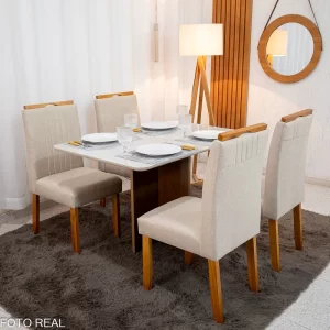 Mesa de Jantar Moscou 120x80 Cinamomo/Vidro Off + 4 Cad. Atlanta Linho Bege Cru Madeira Maciça Minas Plac - Entregue Montada