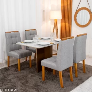 Mesa de Jantar Moscou 120x80 Vidro Off/Base Cinamomo + 4 Cad. Londres Linho Cinza Madeira Minas Plac - Entregue Montada