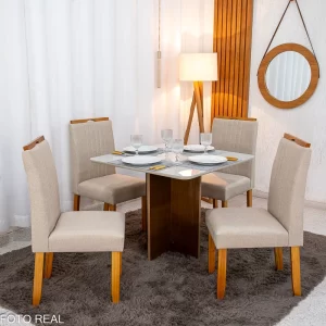 Mesa de Jantar Moscou 90x90 Vidro Off/Base Cinamomo + 4 Cad. Atlanta Linho Bege Cru Madeira Minas Plac - Entregue Montada