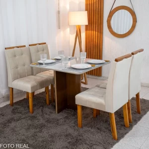 Mesa de Jantar Moscou 120x80 Cinamomo/Vidro Off + 4 Cad. Londres Veludo Avelã Madeira Maciça Minas Plac - Entregue Montada