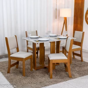 Mesa de Jantar Noor Mel 120×80 Tampo Off + 4 Cad. Sol Linho Bronze Assento Bege - Viero