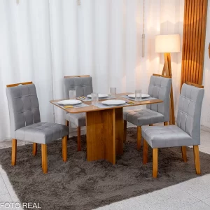 Mesa de Jantar Salina 120x80 Tampo Londres Cinamomo 4 Cad. Londres Veludo Prata Madeira Maciça Minas Plac - Entregue Montada