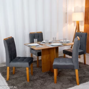 Mesa de Jantar Salina 120x80 Tampo Londres Cinamomo 4 Cad. Londres Veludo Chumbo Madeira Maciça Minas Plac - Entregue Montada