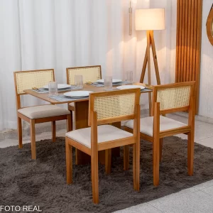 Mesa de Jantar Salina 120x80 Tampo Londres Cinamomo Cel Móveis + 4 Cad. Santorini Linho Bege Madeira - Minas Plac