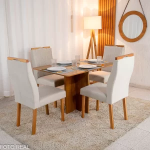 Mesa de Jantar Salina 120x80 Tampo Londres Cinamomo 4 Cadeiras Lisboa Bege 512 Madeira Maciça Art Assento
