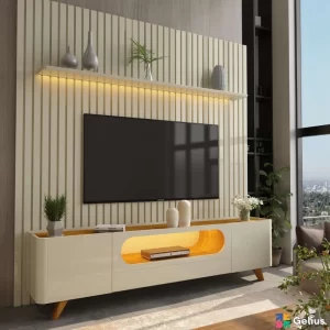 Rack Nobre Off/Naturale Larg. 2.10m + Painel Nobre Off Ripado C/ Led 100% MDF TV até 85 Polegadas Larg. 2.30m - Gelius