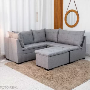 Sofá Canto 5 lugares com Puff Viena Linho Cinza A59