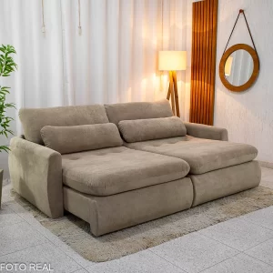 Sofá Retrátil e Cama Amaranto 2.30m Veludo Plush Bege - Sem Caixa