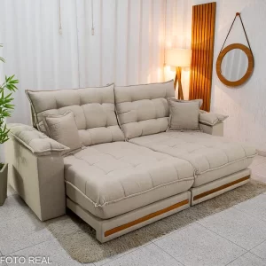 Sofá Retrátil Reclinável Barcelona 2.50m Linho Bege 459 C/ 2 Almofadas - D33 e Molas Ensacadas Pocket