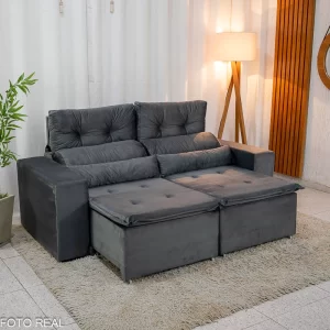 Sofá Retrátil Reclinável Bia 1.95m Veludo Cinza - D28