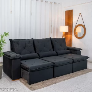 Sofá Retrátil Reclinável City 2.70m Veludo Preto - Sem Caixa
