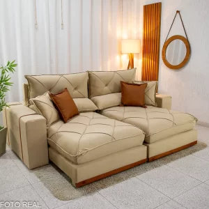 Sofá Retrátil Reclinável Gran Bello 2.30m Veludo Bege 01 - D33 e Molas Ensacadas Pocket