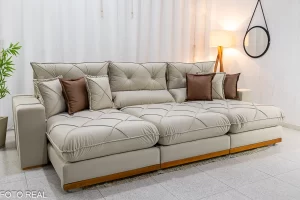 Sofá Retrátil Reclinável Gran Bello 3.20m Veludo Bege Claro - D33 e Molas Ensacadas