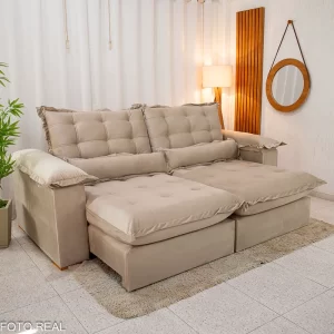 Sofá Retrátil Reclinável Maldivas 2.30m Veludo Bege A32 - Espuma Pró Aditivada