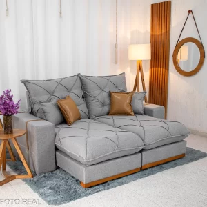 Sofá Retrátil Reclinável Malibu 2.50m Linho Cinza 1008 - D33 e Molas Ensacadas