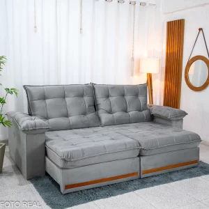 Sofá Retrátil Reclinável Mariana 2.30m Veludo Prata 321 - D33 e Molas Ensacadas