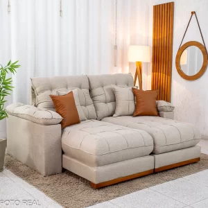 Sofá Retrátil Reclinável Verona 2.50m Linho Bege D28 Soft - Molas Ensacadas